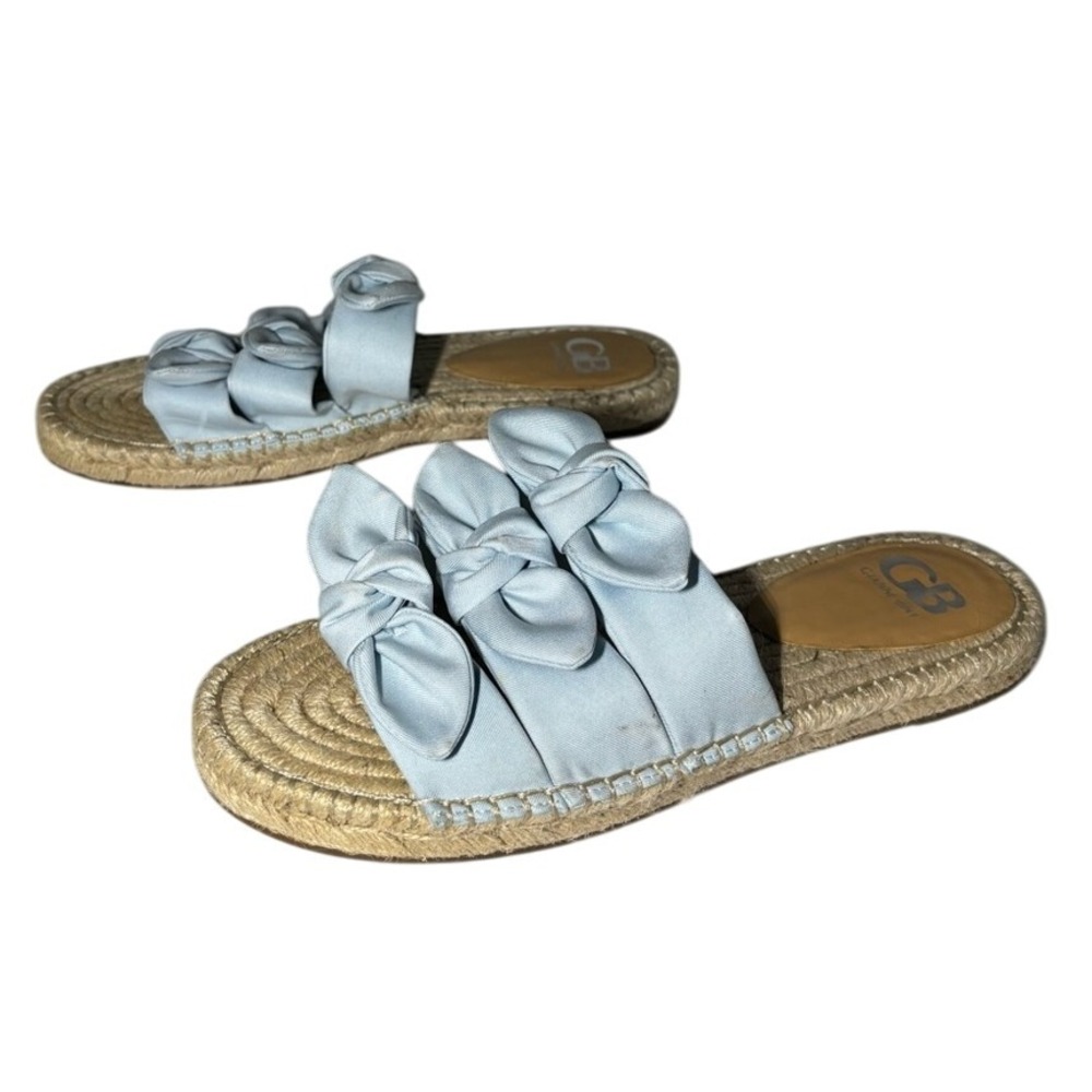 Gianni Bini Blue Tan Espadrille Slide Sandals with Bow Straps
